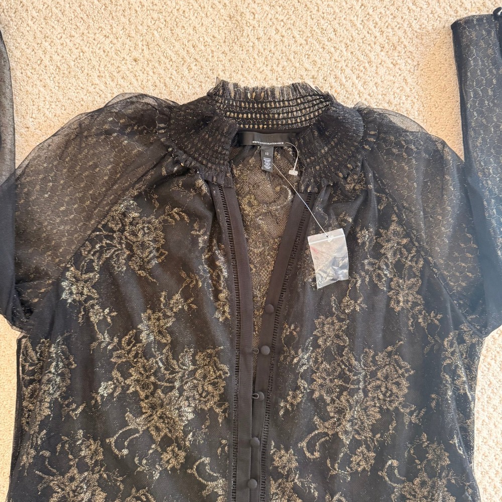 NWT White House Black Market Black Gold Metallic Lace Smocked Neck Blouse 12 Y2K - Picture 14 of 14